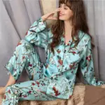 Real Silk Pajama 100% Silk Sleepwear Thin Summer Long-Sleeve Two-Piece SILK Woman's Sets Female Fashion Printed - Image 3