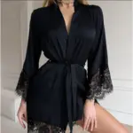 Women's Sexy Night Gown Robe V-Neck Satin Lace Bathrobe Half Sleeve Nightdress Female French Sexy Silky Satin Sleepwear - Image 6
