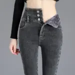 Thermal Winter Thick Fleece High-waist Warm Skinny Jeans Thick Women Stretch Button Pencil Pants Mom Casual Velvet Jeans - Image 5